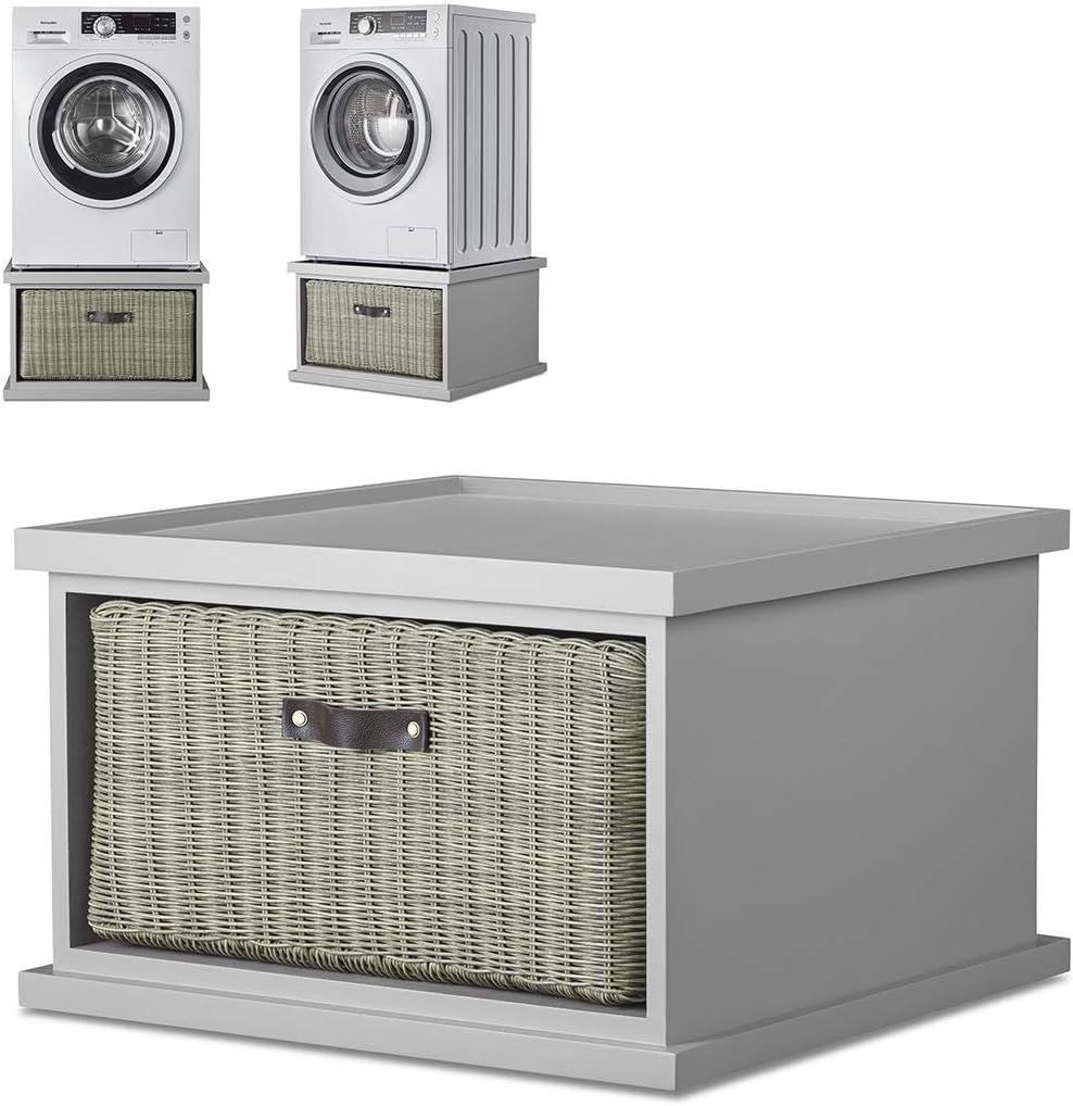 Tetbury dove grey washing machine stand with storage. Dryer pedestal with large storage basket, washing machine raiser . Fully Assembled