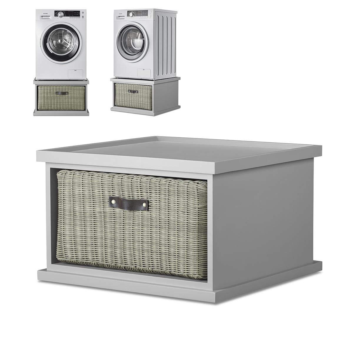 Tetbury dove grey washing machine stand with storage. Dryer pedestal with large storage basket, washing machine raiser . Fully Assembled