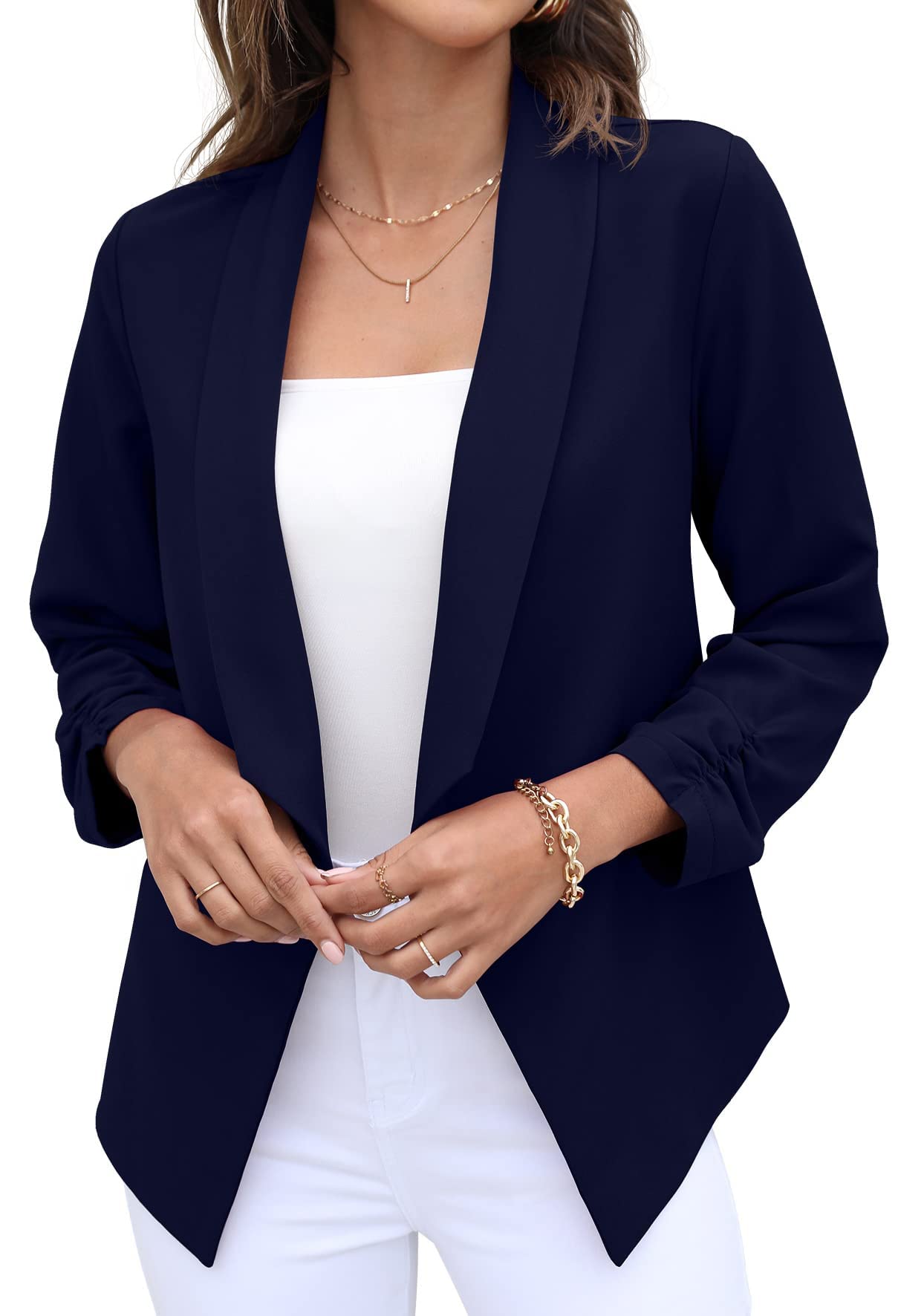 GRECERELLE Womens Blazer Suit Open Front Cardigan 3/4 Ruched Sleeve Casual Work Office Cropped Blazer Jacket for Ladies