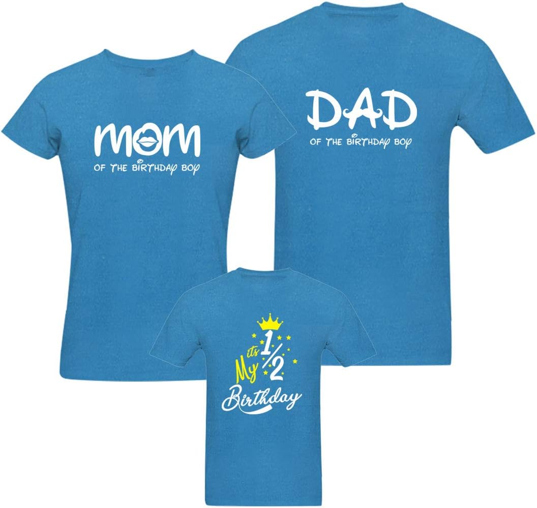 RAINBOWTEESWomen's, Men's and Kid's Birthday Celebration-Half Family Regular Fit T-Shirt for Father, Mother and Kids (Turquoise Blue) - Set of 3