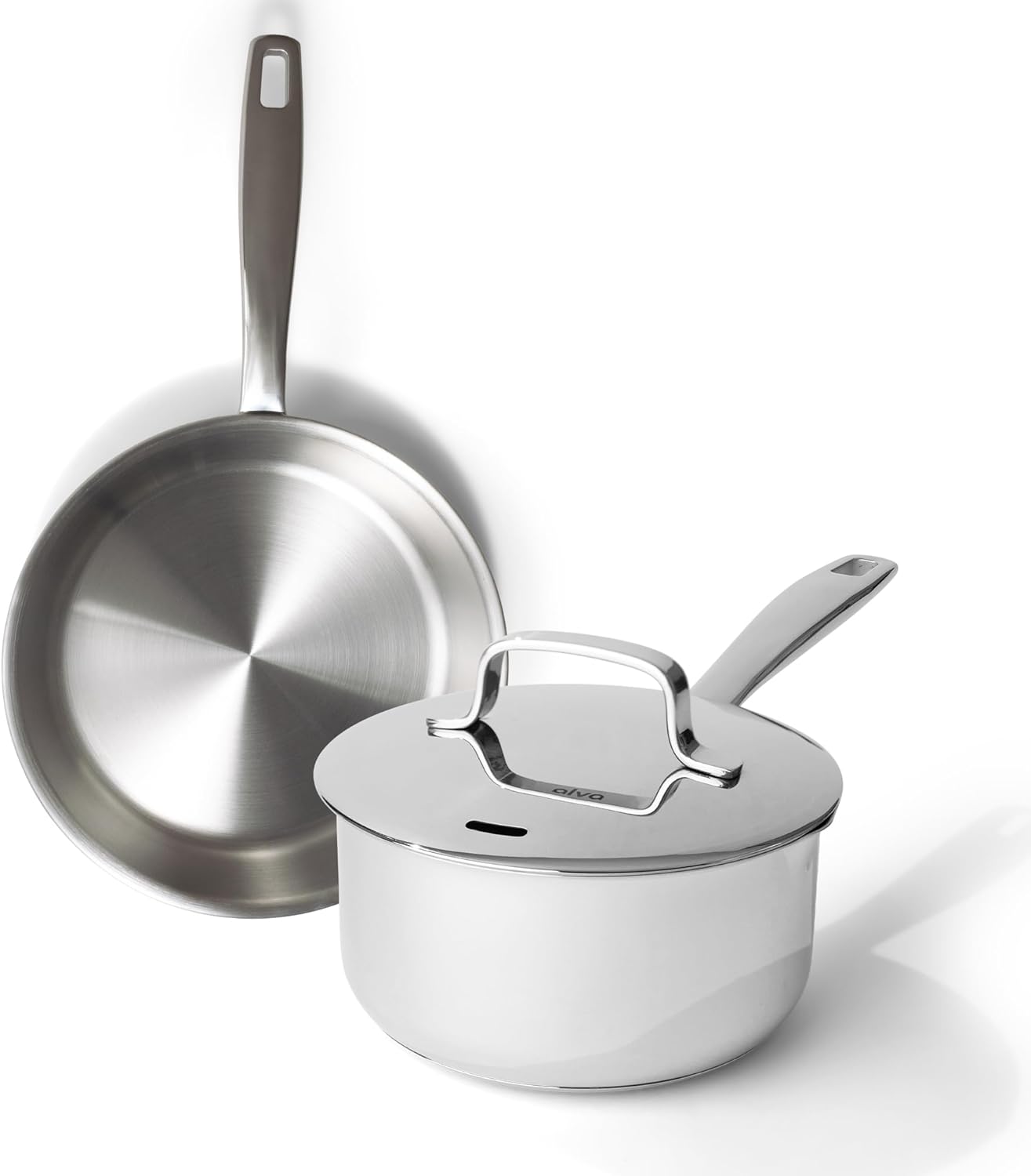 Alva Maestro Stainless Steel Saucepan with Lid and Frying Pan Cookware Set, Stainless Steel Pots and Pan Set, PFAS, PFOA & PTFE Free, Compatible with All Stovetops, Induction Safe, Stay Cool Handles