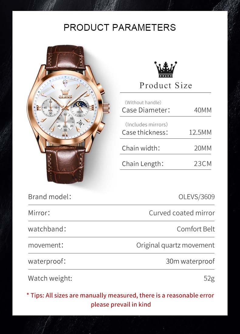 OLEVS Orologio da uomo analogico al quarzo con cinturino in pelle, quadrante grande e data, impermeabile, lussuoso, luminoso