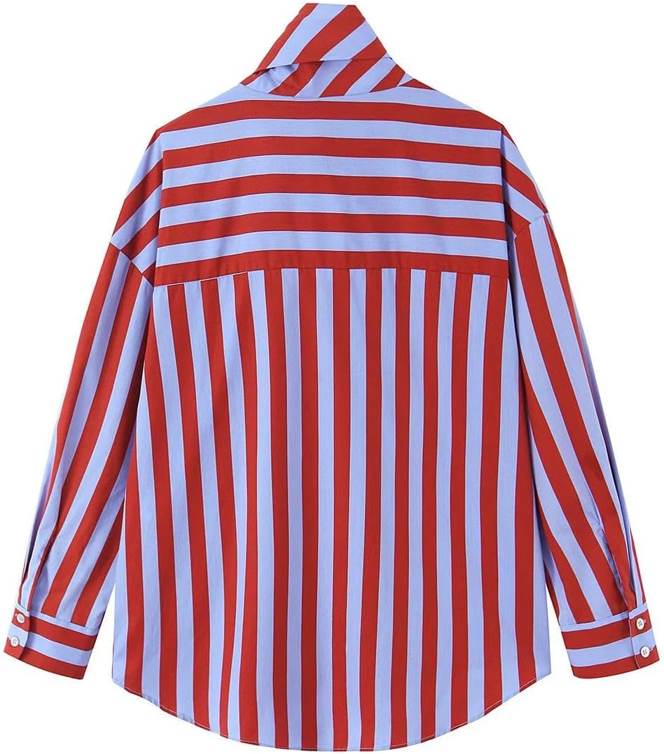 Women's Striped Bow Collar Long Sleeve Single Breasted Loose Fit Asymmetric Design Vintage Casual Blouse Shirt