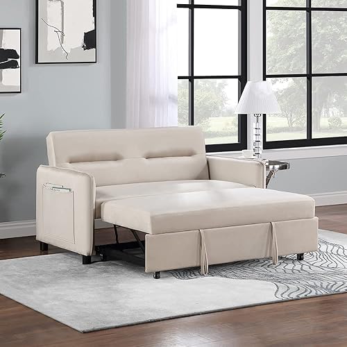 P PURLOVE Sofá biplaza convertible moderno de 57 pulgadas, respaldo ajustable, sofá de 2 plazas con cama extraíble con bolsillo lateral, 2 almohadas disponible en Yaxa Peru