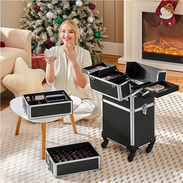 Yaheetech Valigia Trolley Trucchi Make Up 5 in 1 per Estetista Parrucchiere Professionale con Coperchio Supplementare Beauty Case Grande Porta Cosmetici da Viaggio Ruote Girevoli Nero