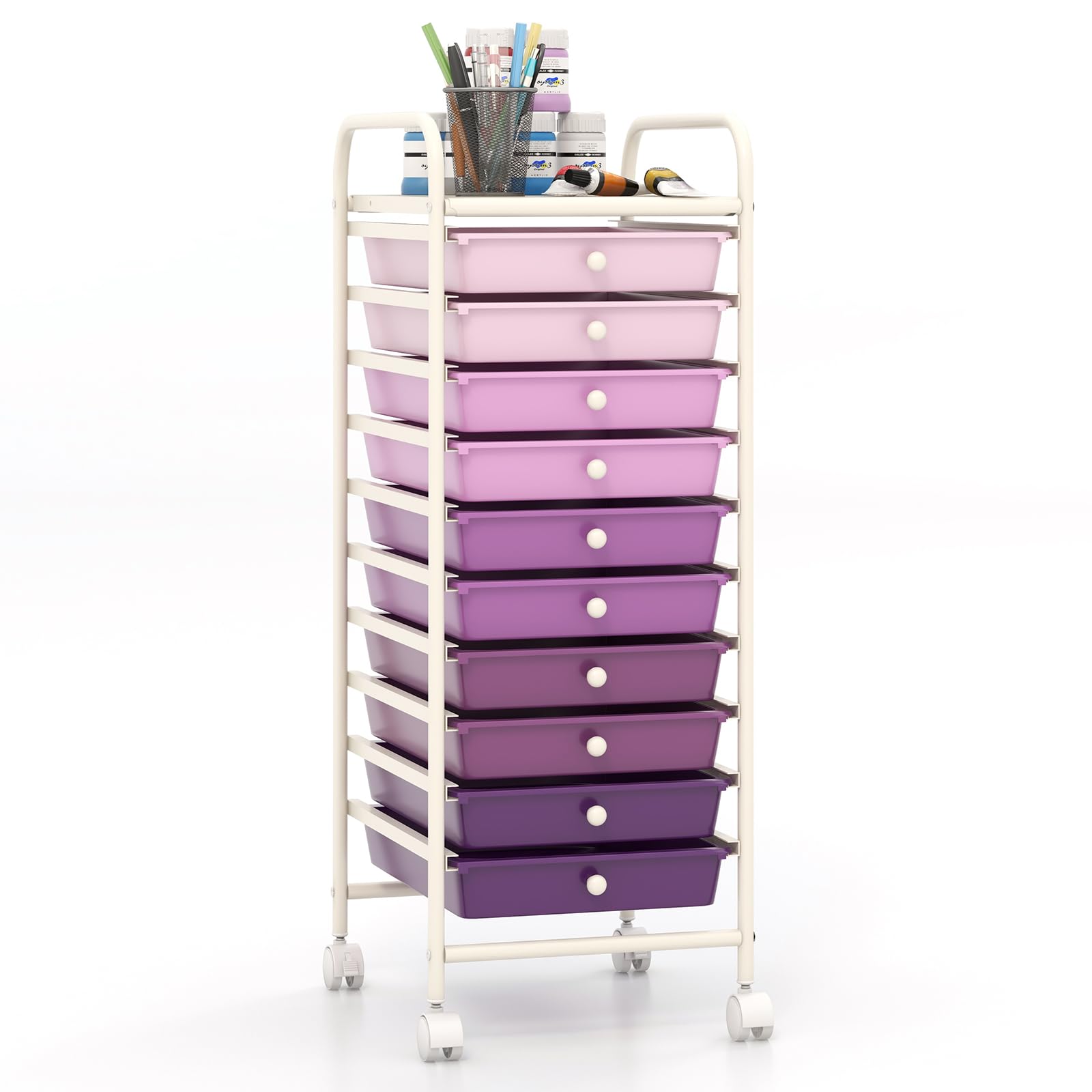 GOPLUS Carrito Auxiliar con 4 Ruedas, Carro de Servicios con 10 Cajones, 2 Ruedas con Frenos, Carro de Almacenamiento de Estructura Metálica para Cocina Oficina Baño (Violeta)