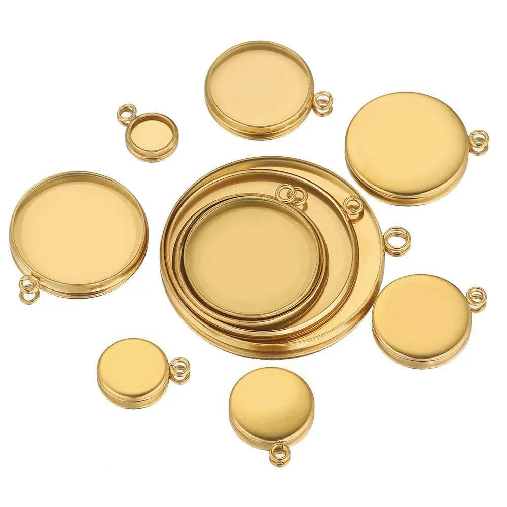 TPIONEER 10pcs Gold PVD Stainless Steel Cabochon Bezel Trays, Sizes 6-30mm, for Pendant & Cameo Jewelry