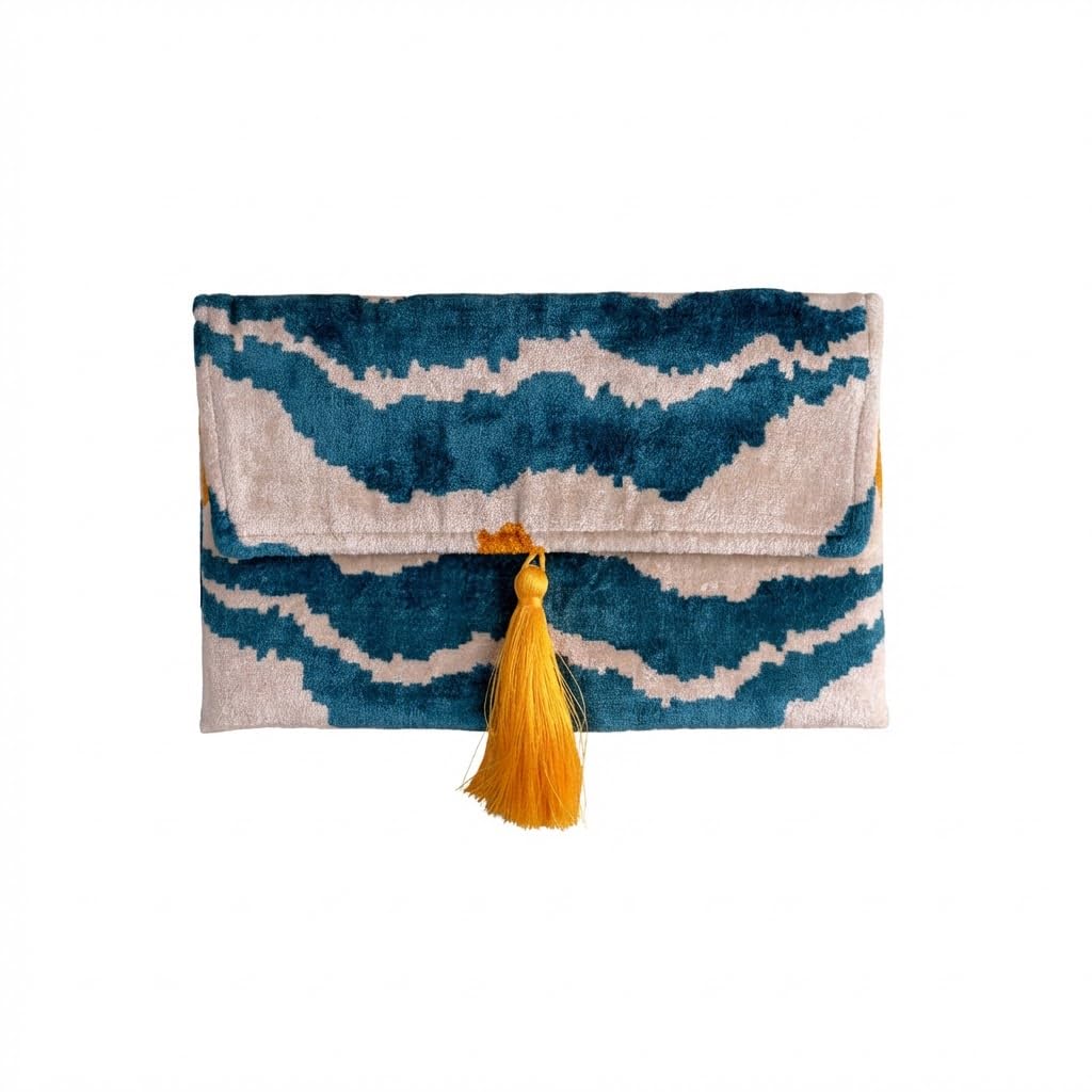 Pochette Ikat in velluto di seta fatta a mano, stile busta, design bohémien, motivo etnico, opzione cinturino a catena, pochette per feste serali, borsa premium, bianco sporco, turchese, oro