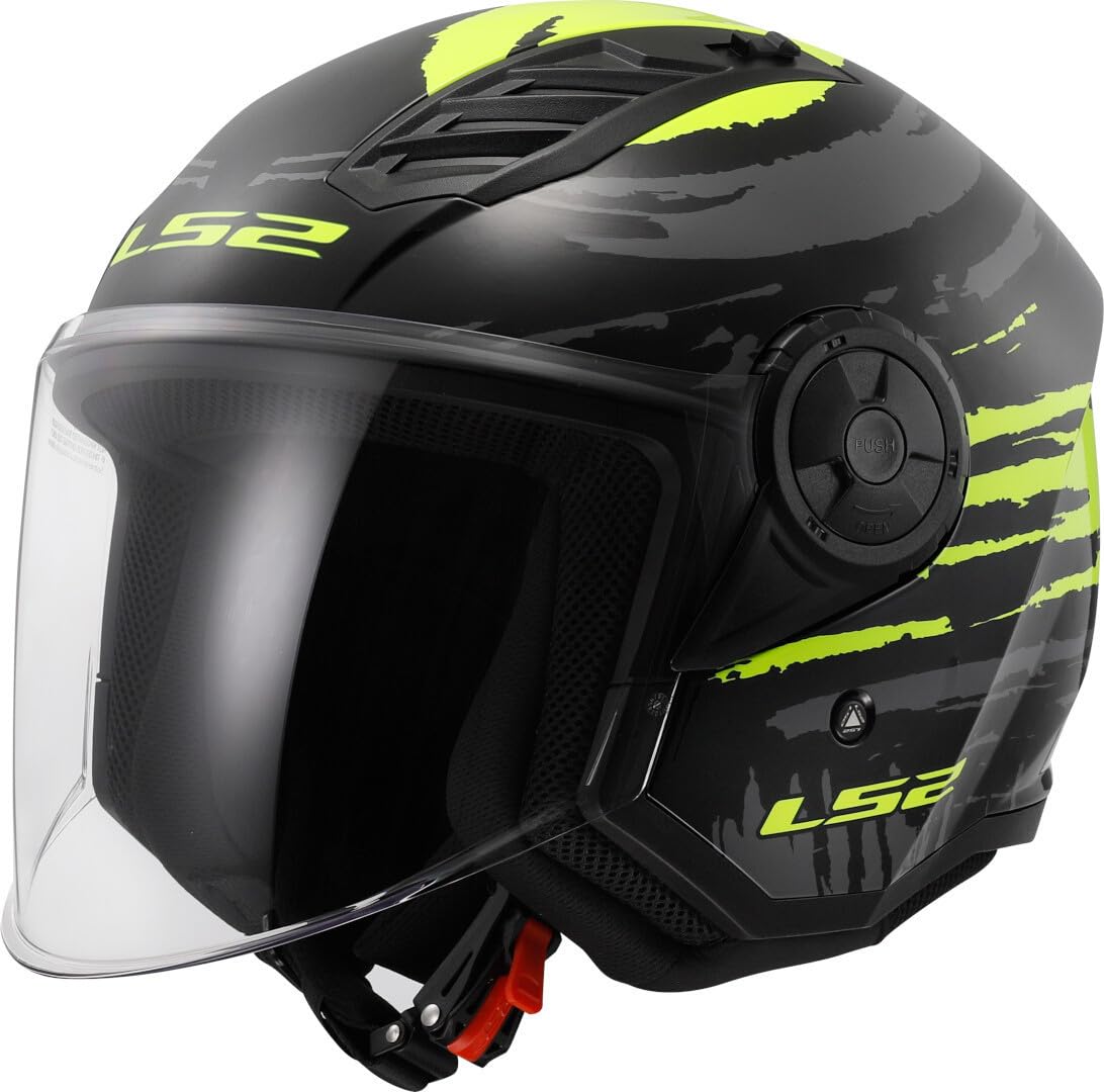 LS2 Open Faced Motorcycle Helmet Airflow II ECE 22.06 - BRUSH BLACK H-V YELLOW