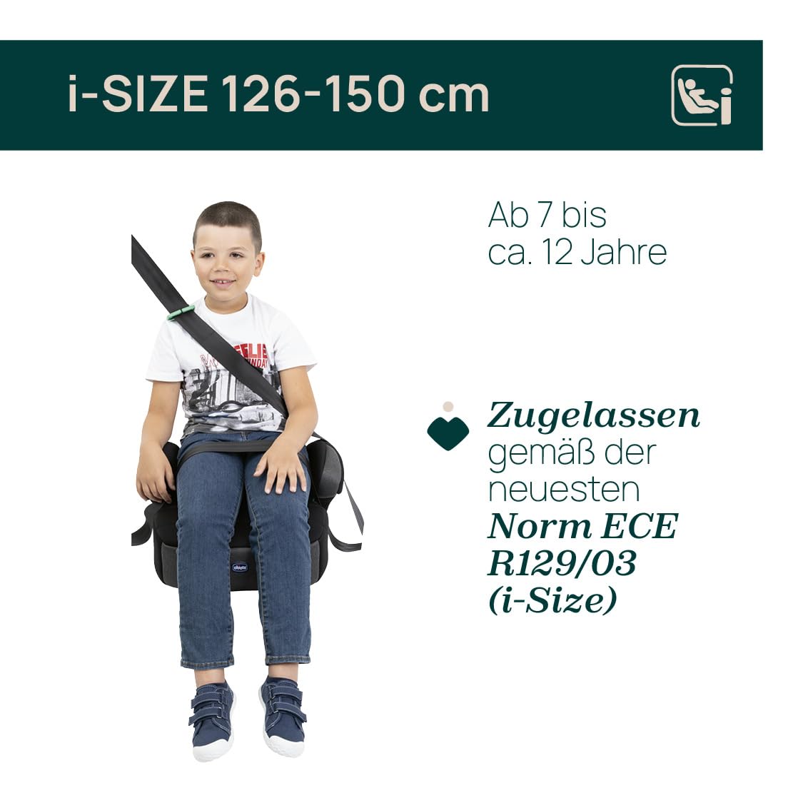 Chicco Quasar Fix i-Size, Kindersitzerhöhung 7-12 Jahre (126-150 cm), Einbau über den 3-Punkt-Gurt, Gewicht 23-36 kg, Gruppe 3, mit Gurtführung, gepolsterten Armlehnen und komfortablem Sitz, Grau