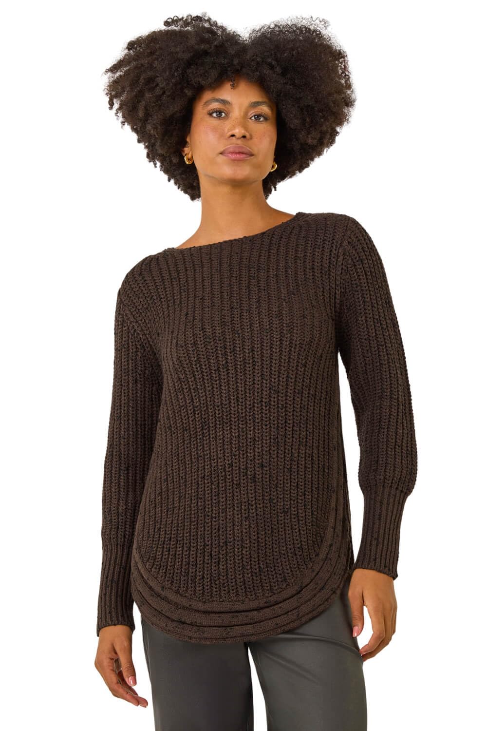 Roman Women's Chocolate Curved Hem Stitch Detail Jumper In | : Size 12
