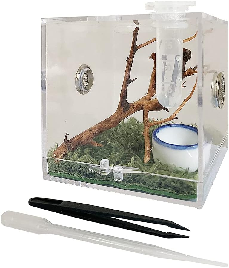 Jumping Spider Enclosure, Jumping Spider Habitat with Dropper Tongs Acrylic Reptile Breeding Box for Tarantula Scorpion Sling Isopods Invertebrates Insects Mantis Snake Gecko