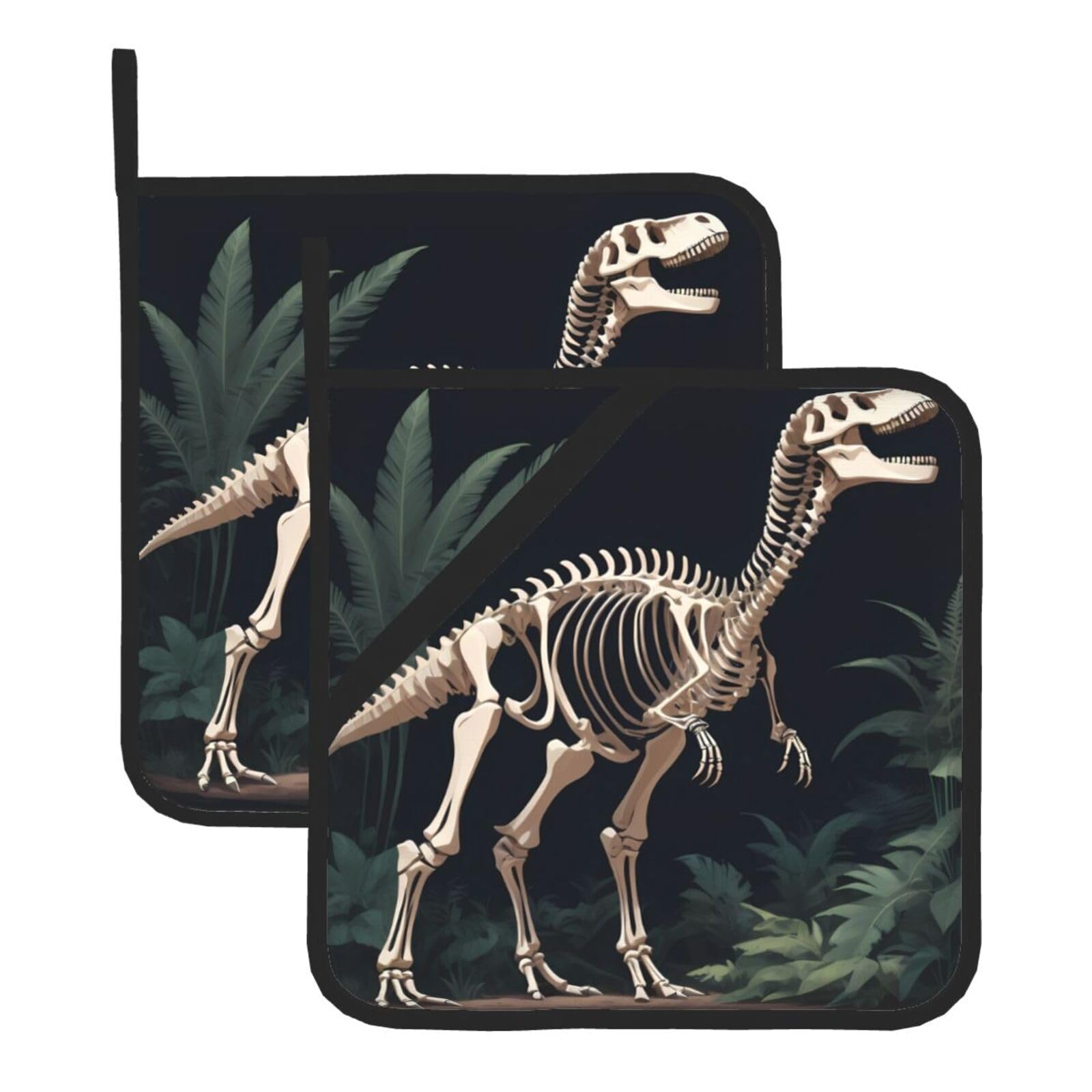 HJFCZH Dinosaur Skeleton Printed Square Insulated Pot Mat Set (2-Piece) 8x8in Waterproof, Thickened & Easy to Clean with Lanyard Design for Kitchen, Oven & BBQ