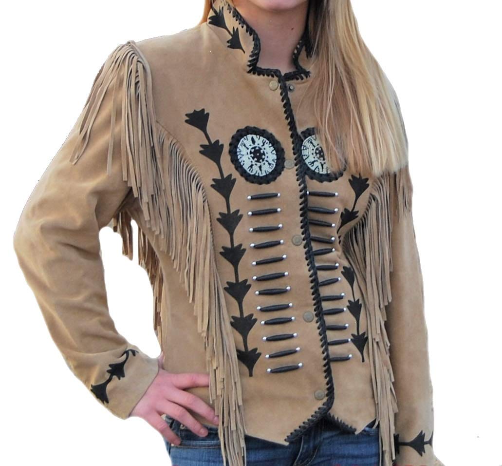 LEATHERAY Women Western Style Fringed Leather Jacket Beige, Excellent Quality, Xs-5xl