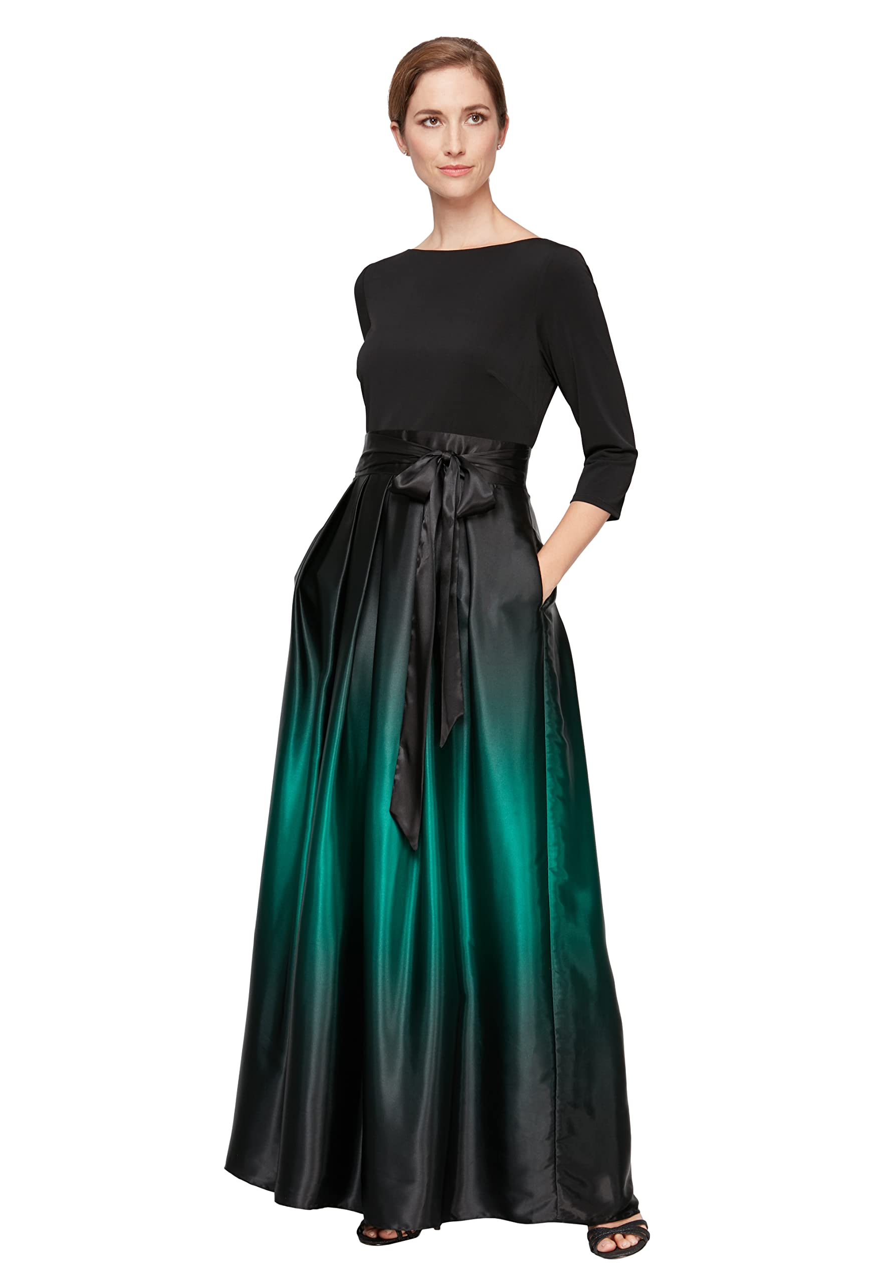 S.L. Fashions Women's 3/4 Sleeve Long Satin Mother of the Bride Dress with Pockets, Formal Party Gown