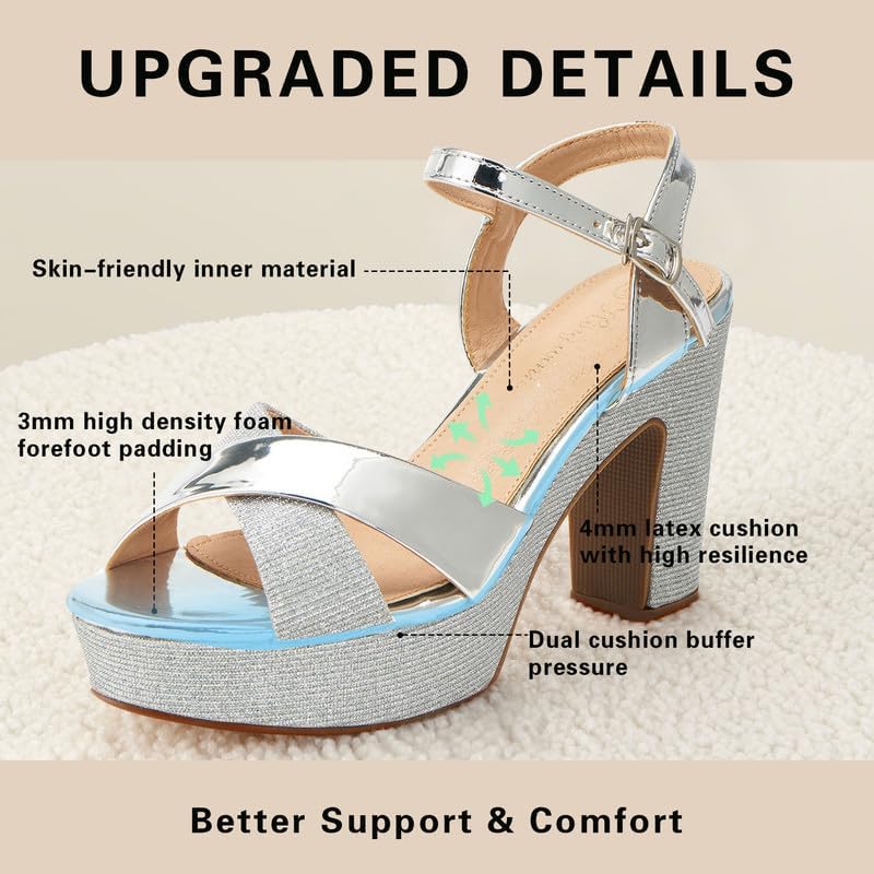 Womens Sparkly Platform Dress Sandals for Women Chunky Block Heel 3.8 Inch High Heels Open Toe with Strap for Women Comfortable Sexy Dressy Prom Wedding Party Evening Shoes - Image 5