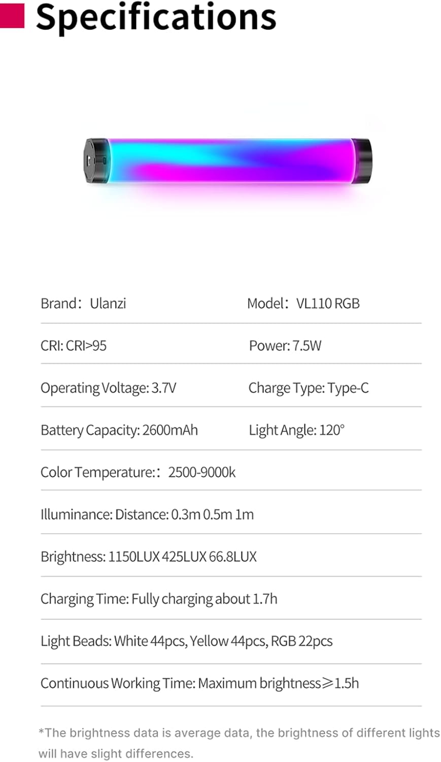 ULANZI VL110 detailed specifications table.
