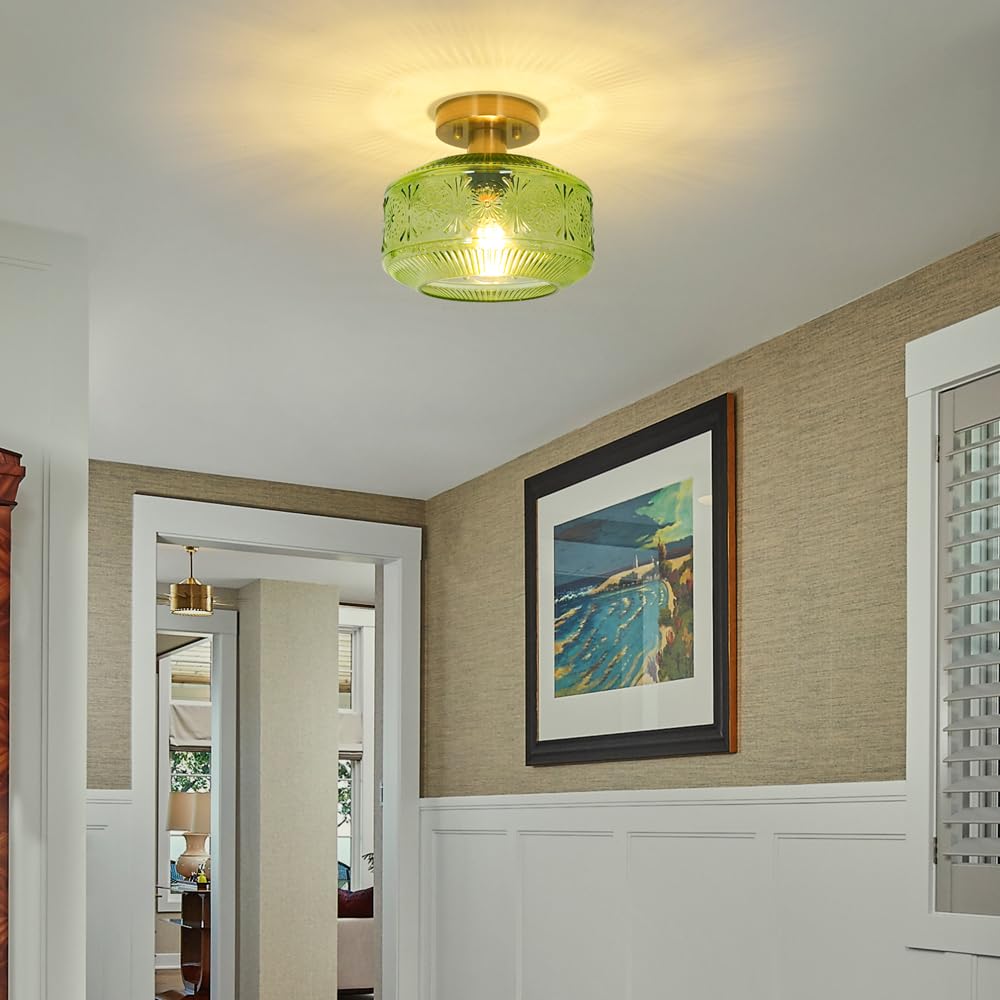 Brass Gold Semi Flush Mount Ceiling Light - Farmhouse Style With Glass Globe Shade, For Hallway, Kitchen, Porch - View #8