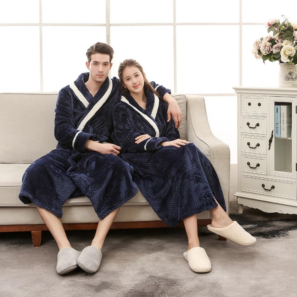 Langer Waffel-Flanell-Bademantel für Unisex-Paare – Luxuriöser Morgenmantel mit Schalkragen für Herbst und Winter,Warme,Flauschige und Bequeme Nachtwäsche – Superweicher Hausmantel