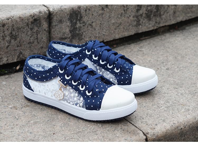 Women's Blue Denim Dots Mesh Sneakers with Floral Pedant | Breathable Lace-Up Flat Shoes for Summer Casual & Fashion Sneakers2