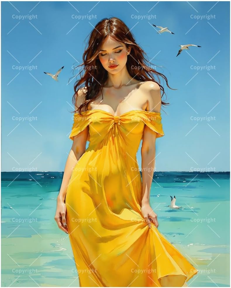 Beach Paint by Numbers Kit for Adults - DIY Woman in White Dress by The Sea Painting on Canvas, Acrylic Paint Set, Suitable for Beginners, Art for Home Decoration or Gifts(8X12IN Framed)