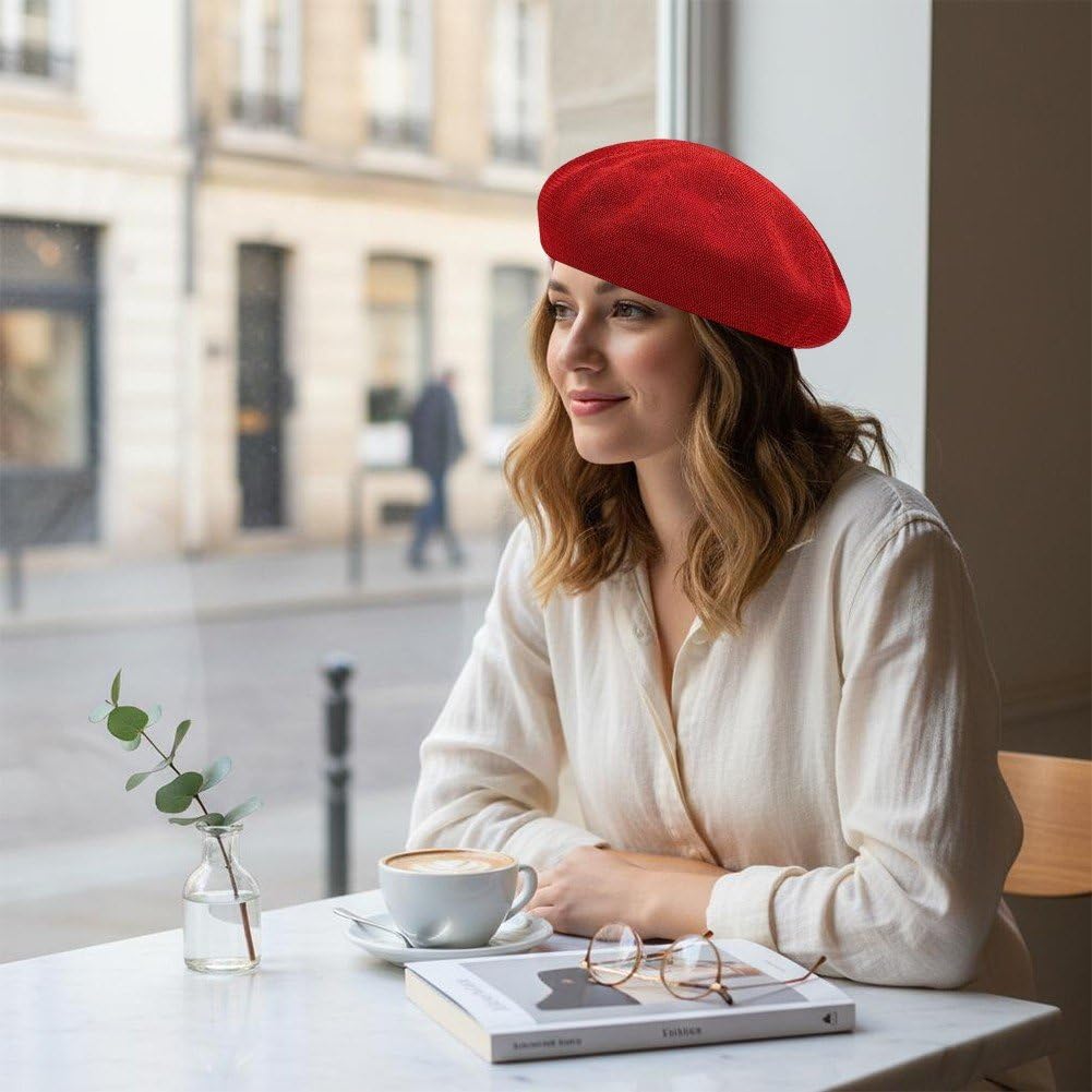 Béret Français Respirant pour Femme, Chapeau D'été Fin Léger De Peintre, Béret Vintage Uni, Casquette Littéraire pour Les Jours