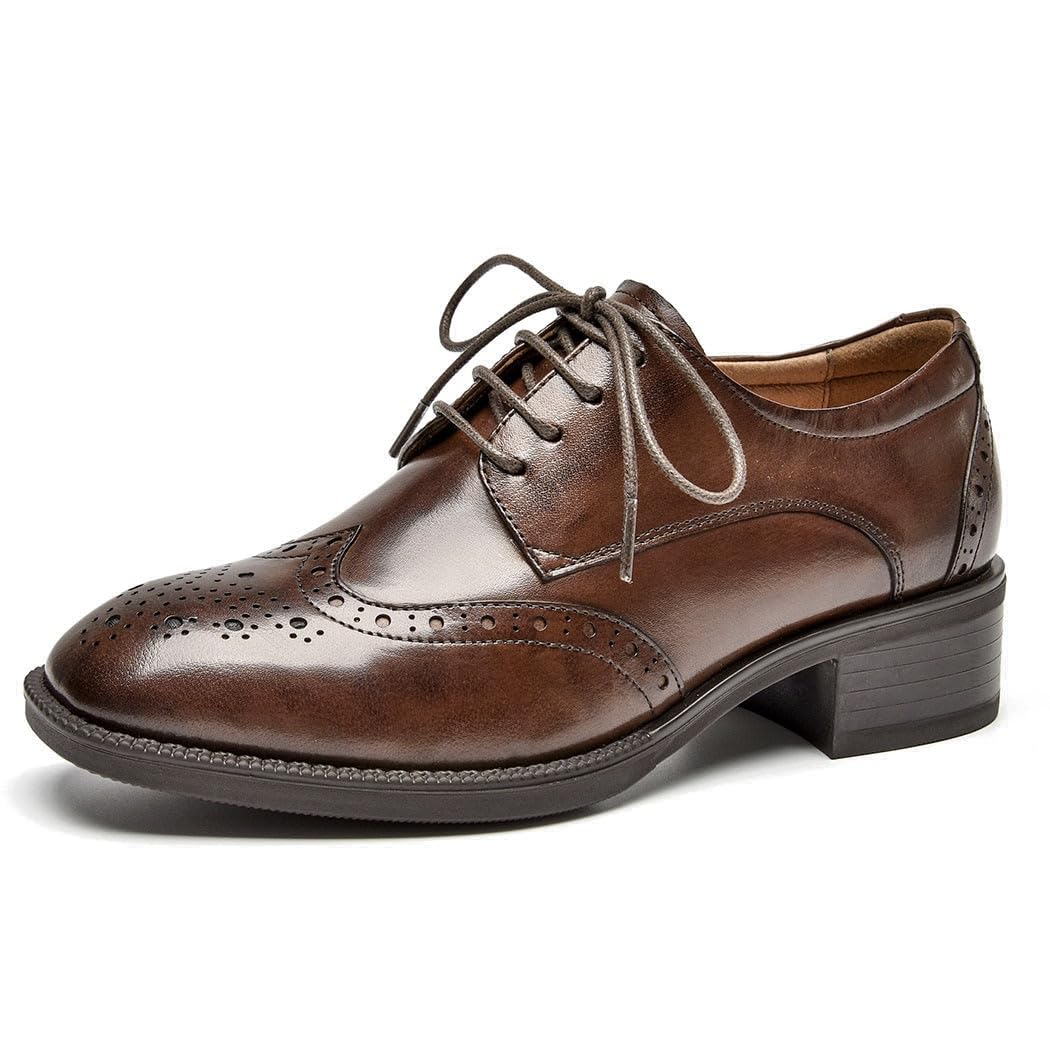 BEAU TODAY Oxford Shoes for Women,Leather Brogue Dress Shoes,Comfort Brethable Ladies Lace-up Handmade Wingtip Shoes for Business Work