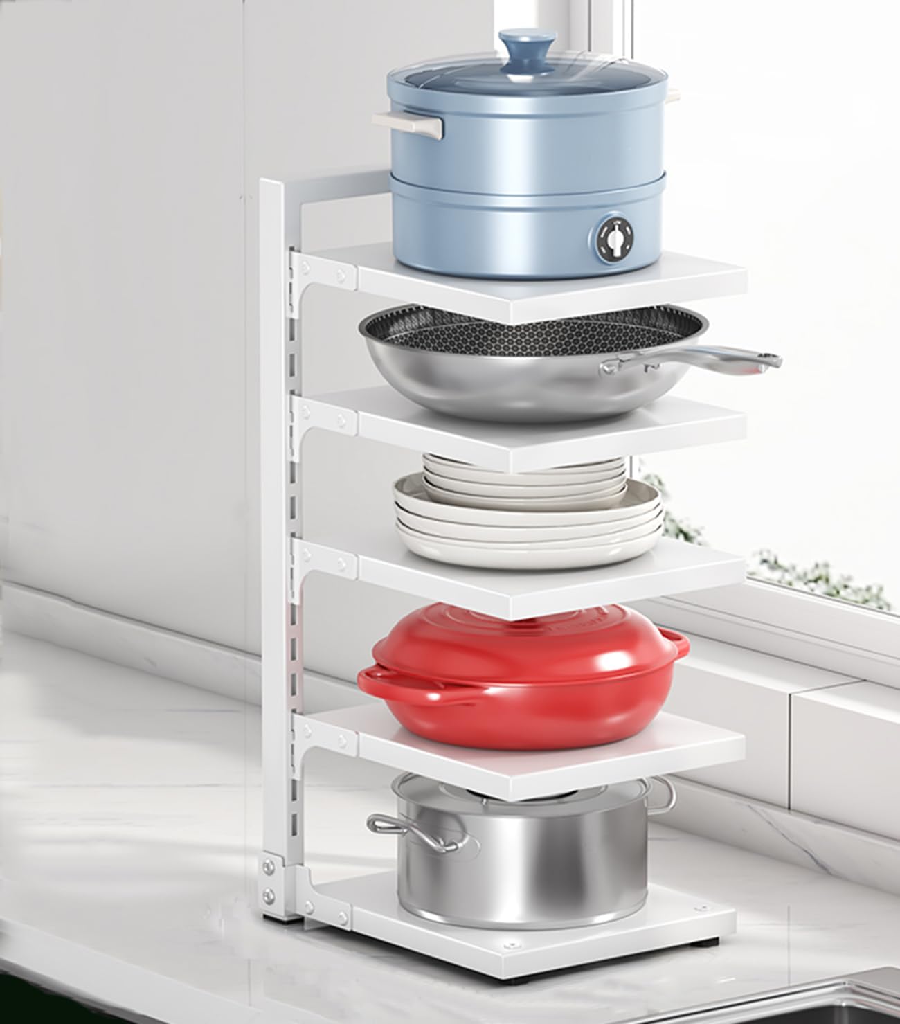 Range Rangement Casseroles, 5 Niveaux Détachable Et Réglable en Hauteur Porte Casseroles,Rangement Cuisine pour Les Ustensiles De Cuisines Poêles, Casseroles, Couvercles,Blanc,5 Tier