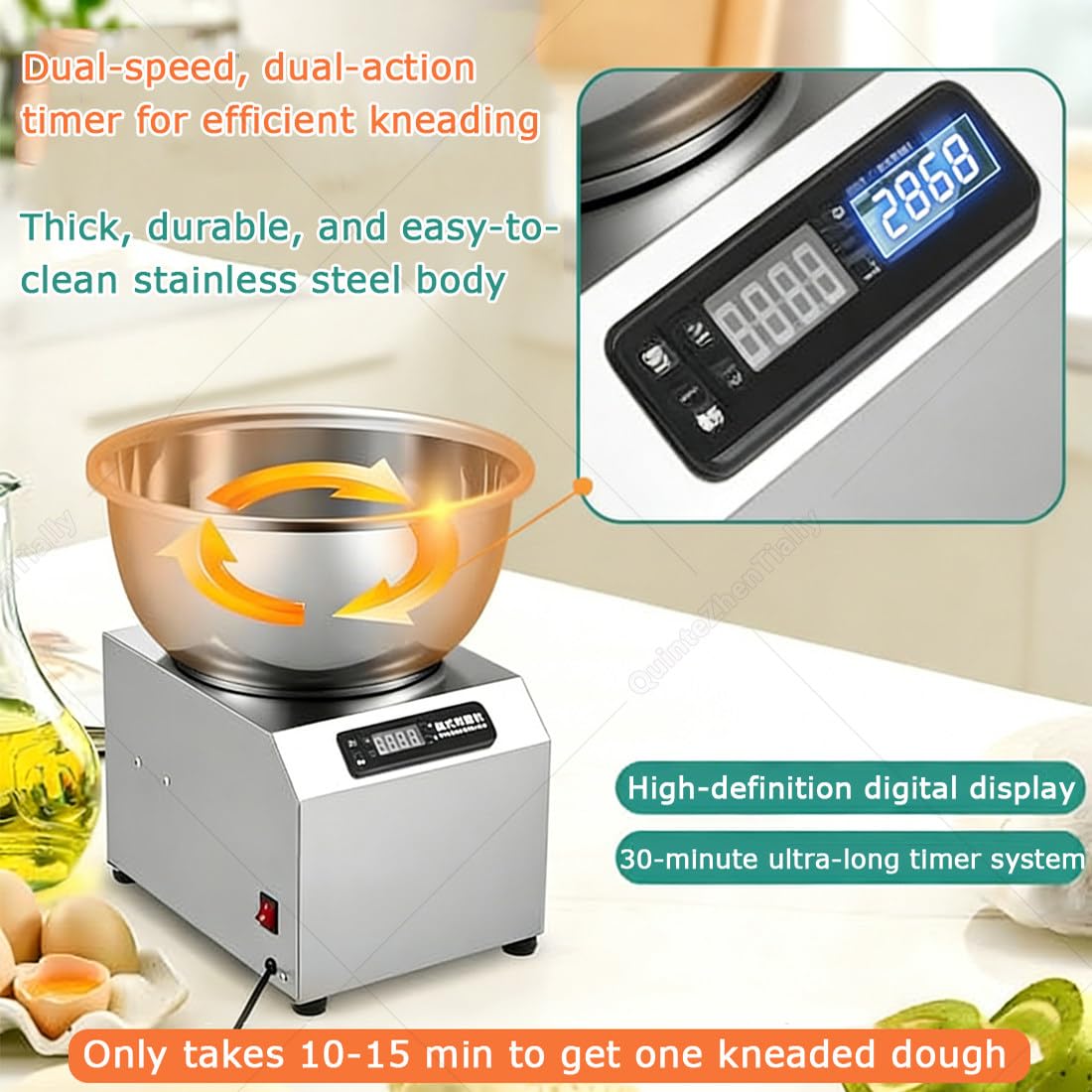 Impastatrice Spirale Professionale,2200w Frullatore Commerciale Impasto,1400 Giri/Min Impastatrice Elettrica Doppia Rotazione,Timer 0-30 Min,per Panetteria,Ristorante,Pizza Pane 8kg