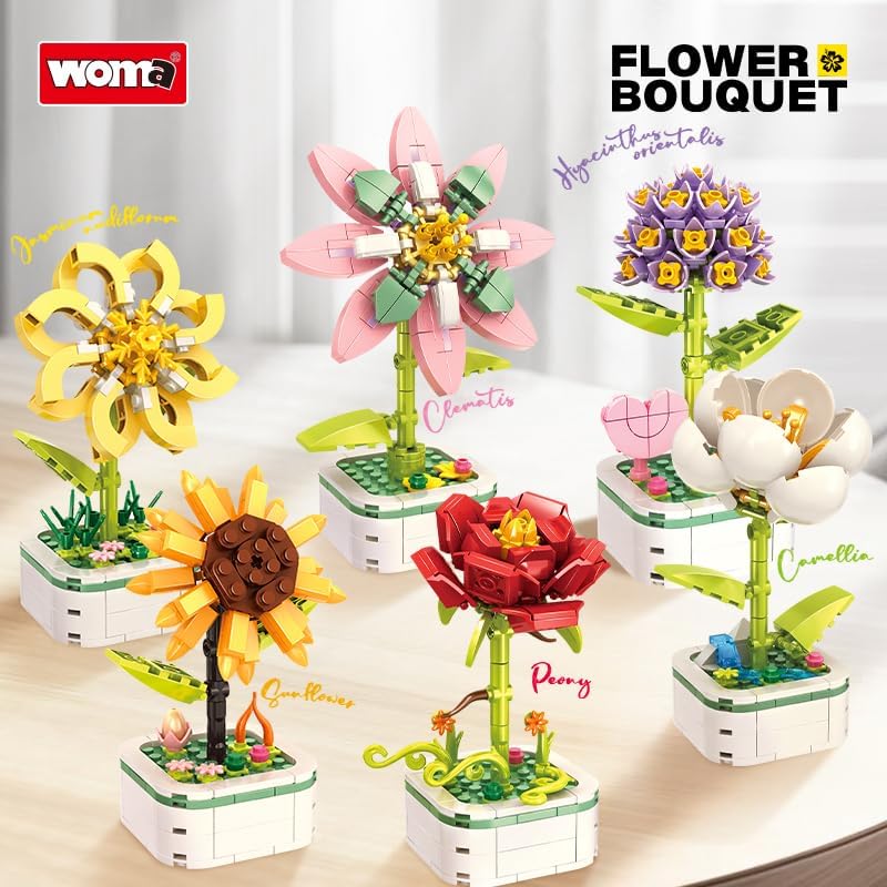 Six different WOMA flower building block models, including Clematis, Jasminum nudiflorum, Peony, Camellia, Hyacinthus orientalis, and Sunflower, displayed together.