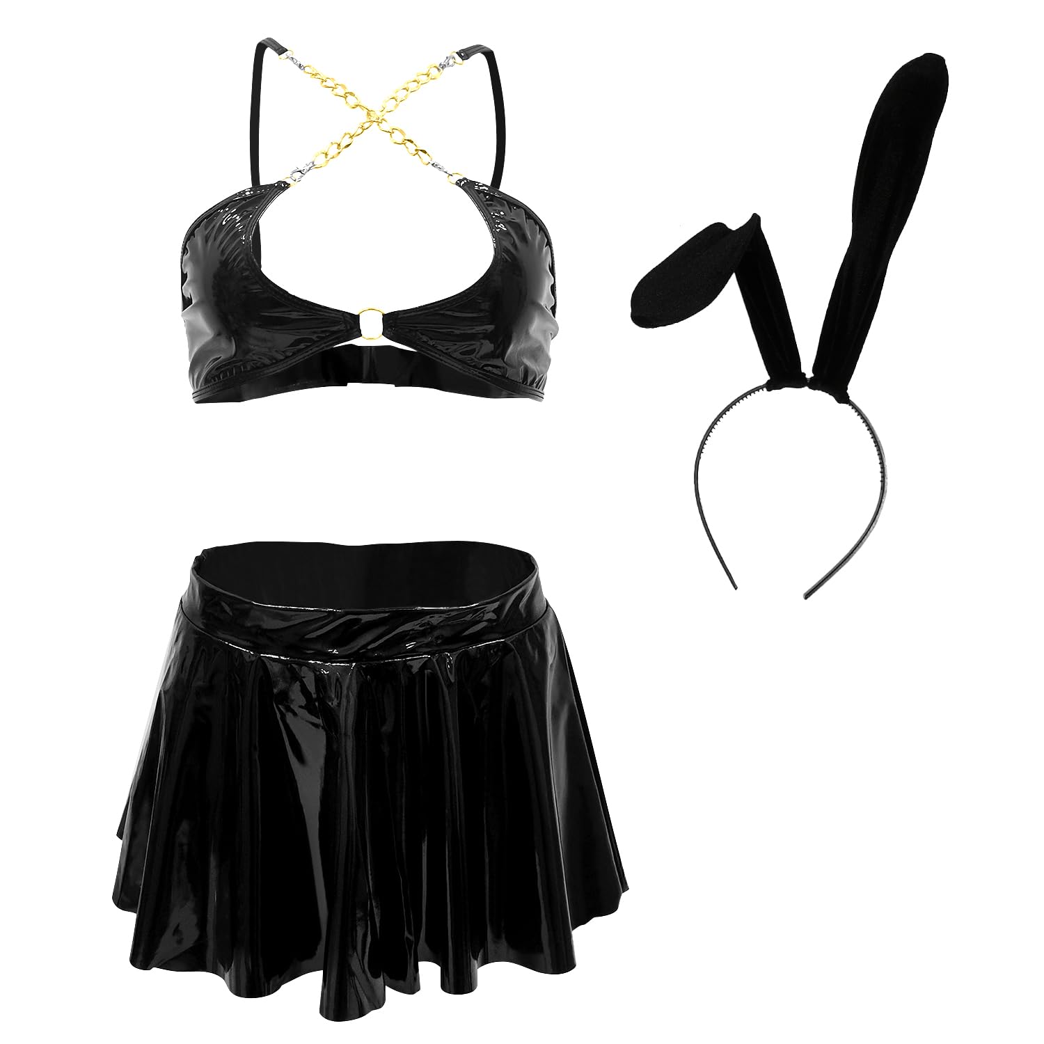 ROSVAJFY Donna Costume Sexy Cosplay Coniglietta, Wetlook Lingerie Set Coniglietto Gioco Ruolo Outfit Halloween Pelle Biancheria Intima Clubwear, Reggiseno+Minigonna+Perizoma+Fascia