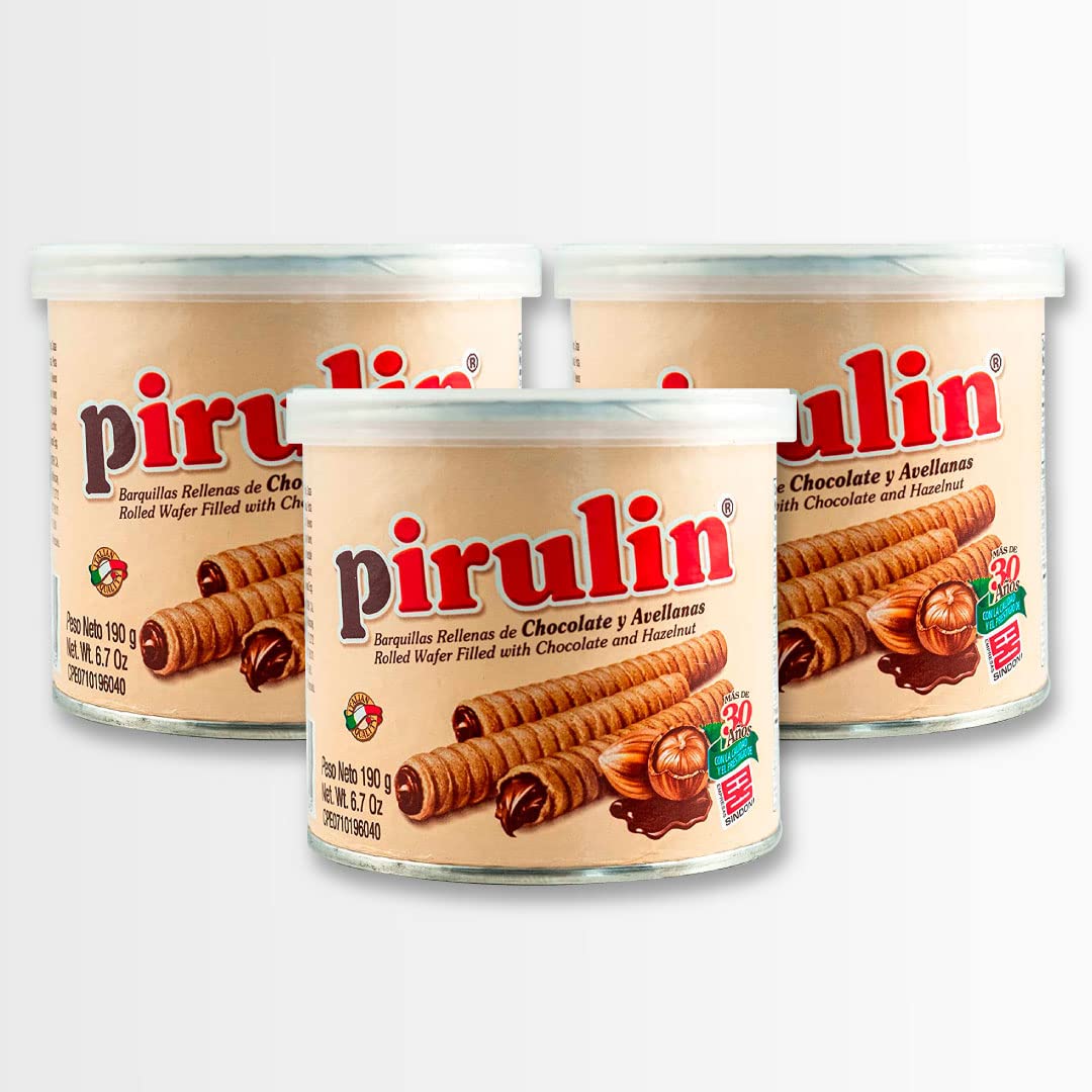 Pirulin Chocolate –Barquillas rellenas de Chocolate y Avellanas, Original de Venezuela/Pirulin Chocolate–Rolled Wafer Filled with Hazelnuts and Chocolate, Original from Venezuela (3Pack/570gr TOTAL)