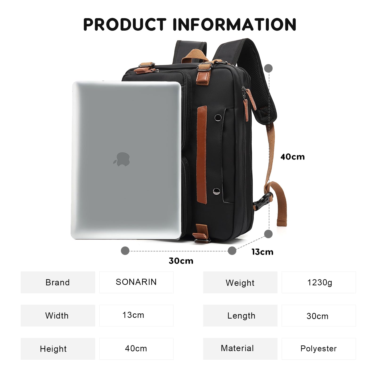 SONARIN Mochila Portatil,Convertible Mochila de Trabajo Bolso de Hombro Maletín Impermeable Mochila Ordenador 15.6 Pulgadas Mochila de Viaje Bolsa Casual para Hombres Mujeres(Negro)