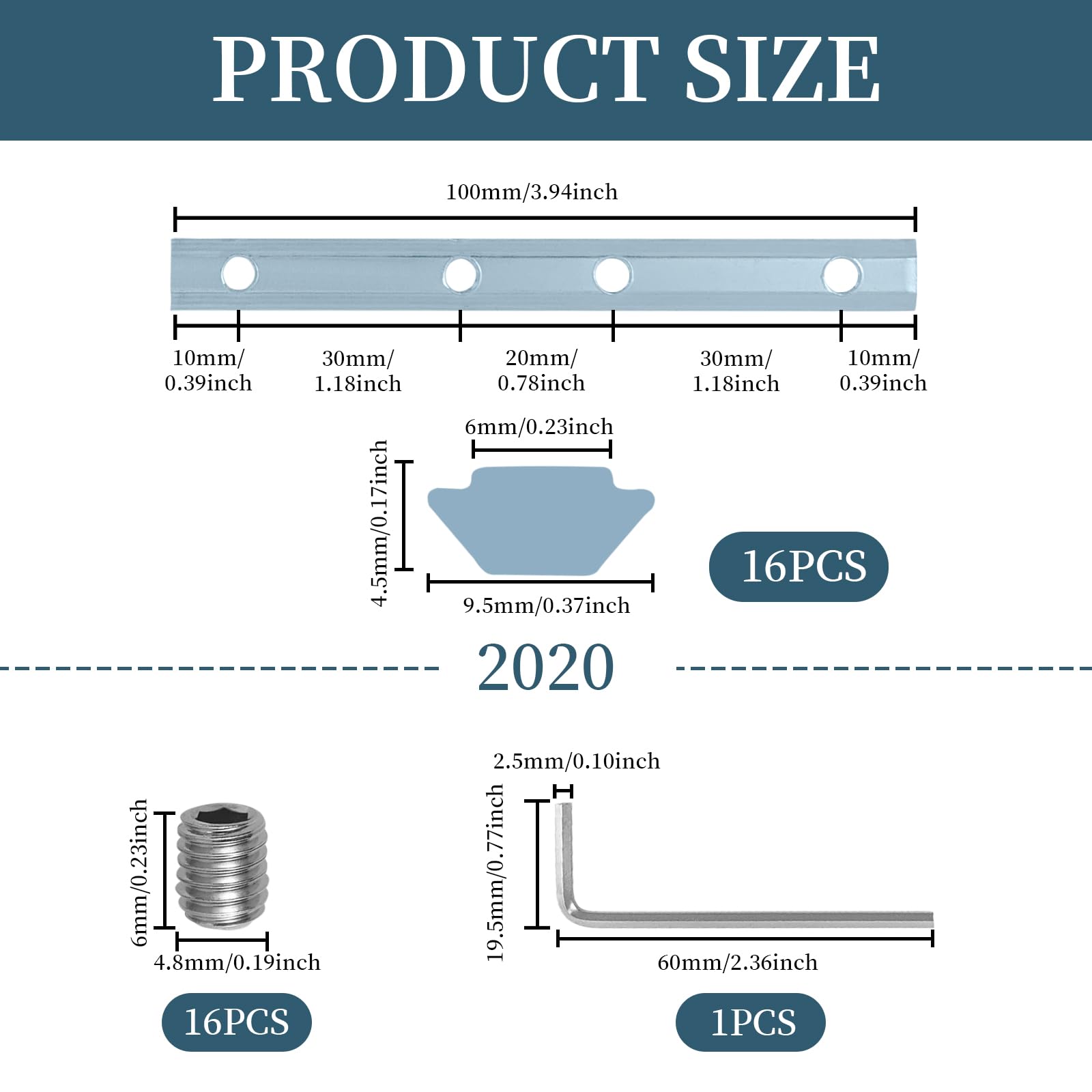 Hevysuo 16 Pcs 2020 Series Straight line Track Connectors,Carbon Steel Aluminum Profile Straight,Extruded AluminumStraight Line Connector,with M5x6 Screws Wrench for 20 Series Aluminum Profile,Silver - Image 2