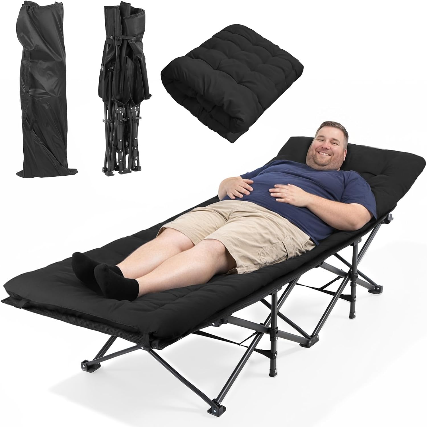 Extra Wide Folding Camping Cot for Adults with Thick Mattress, Heavy Duty Portable Sleeping Cot Bed with Carry Bag, 330LBS Capacity for Camping, Travel, Home Office Nap Black 80 cm