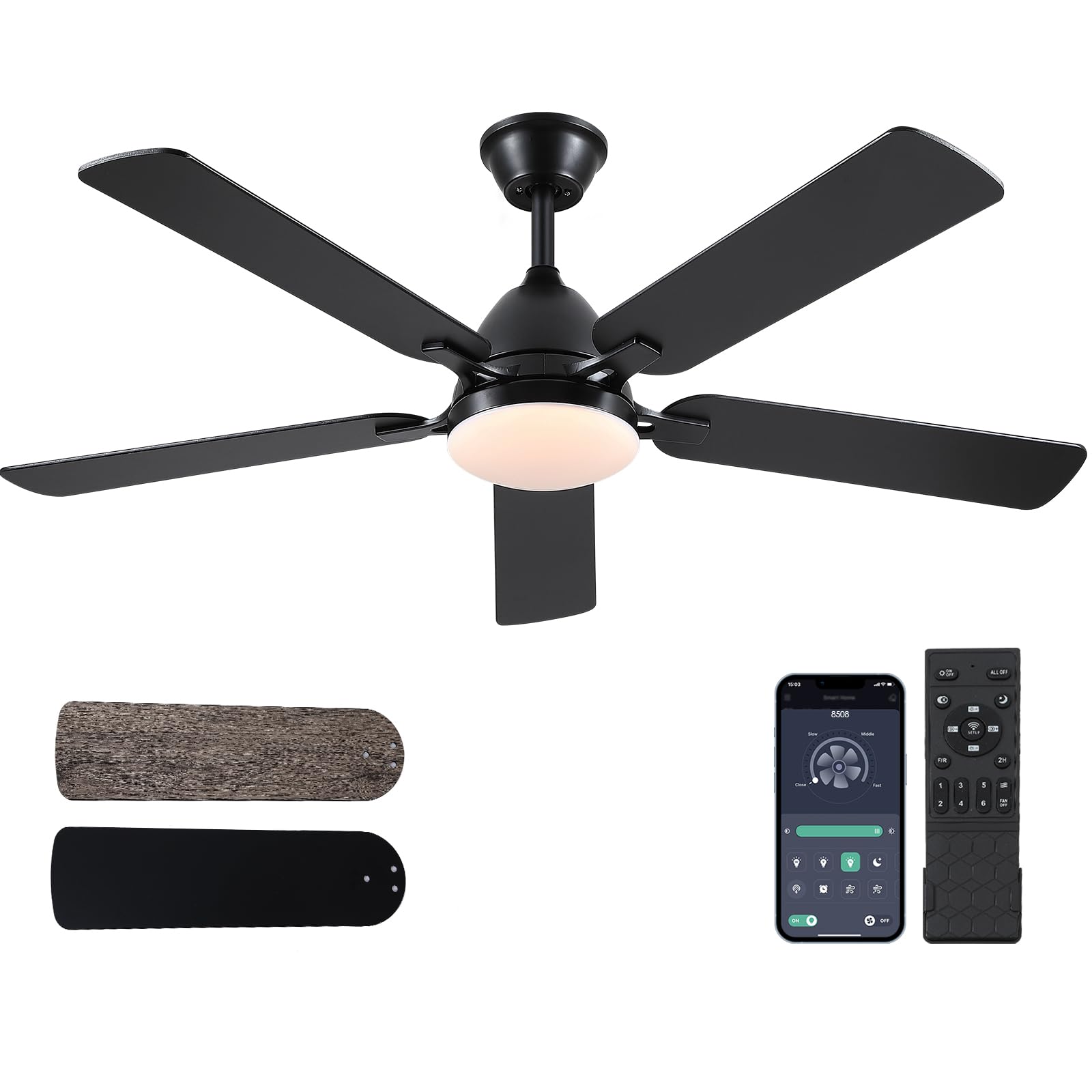 Ceiling Fans with Lights, 52 Inch Low Profile Ceiling Fan with Light and Remote Control,Reversible, 3CCT, Dimmable, Quiet, Black Ceiling Fan for Bedroom Indoor/Outdoor Use