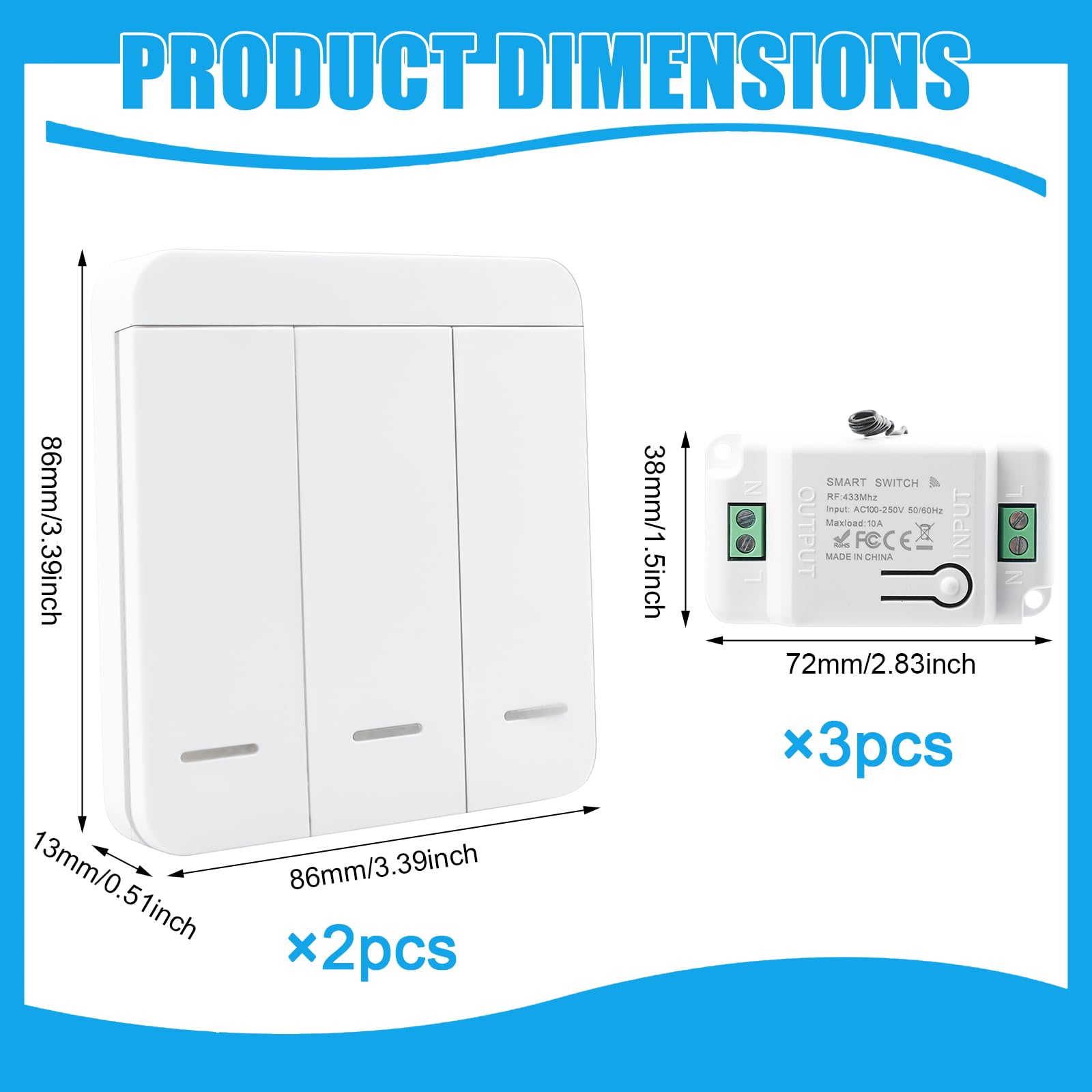 Juego de 2 interruptores de luz inalámbricos, 230 V, 10 A, con control de 3 receptores, interruptor de pared inalámbrico de hasta 50 m de alcance, 200 – 2000 W, no requiere cableado
