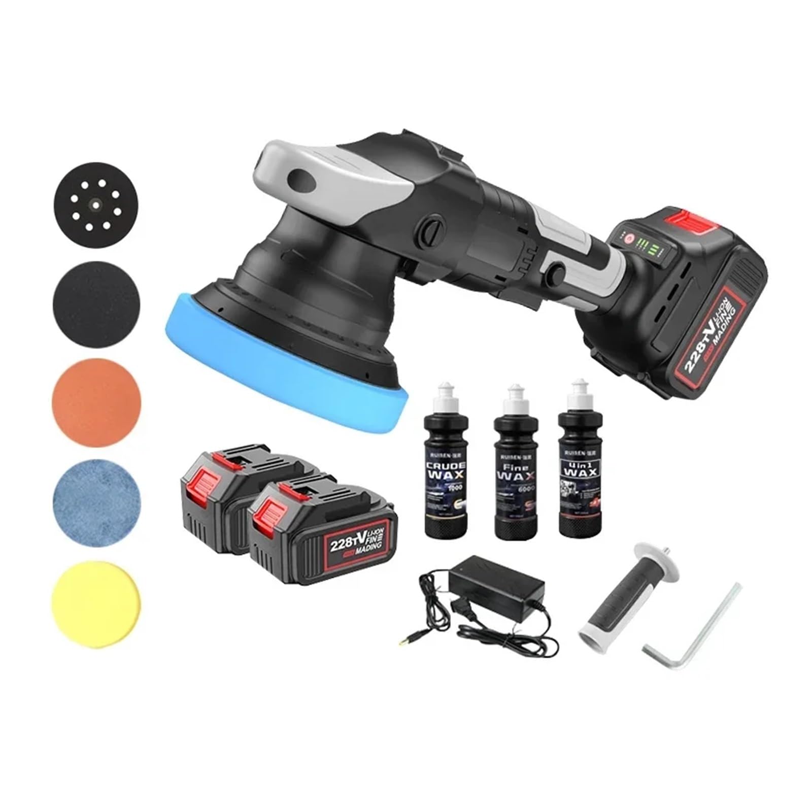 Máquina del pulidor de coche inalámbrico 900W, excéntrico recargable 5 pulgadas sin escobillas, Kit máquina encerado abrillantado for(Package 1)