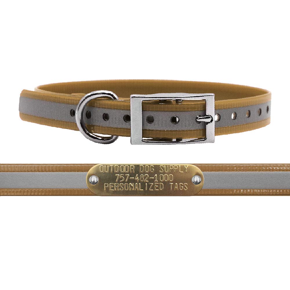 Outdoor Dog Supply Personalized 3/4” Reflective Tan Waterproof D-Ring Dog Collar for Small & Medium Dogs | 3/4" Custom Brass Nameplate (18")