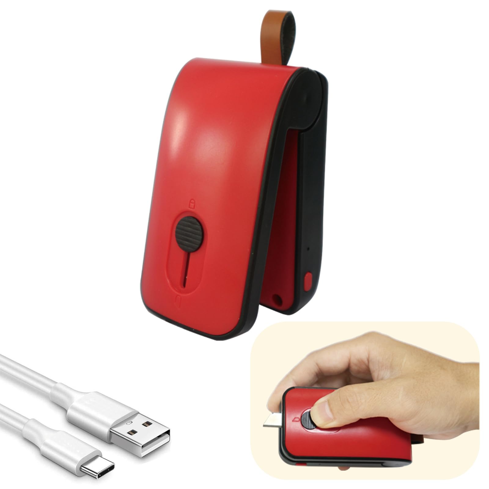 Mini sigillante per sacchetti, ricaricabile tramite USB, sigillatore a caldo, 2 in 1, con taglierina, per sacchetti di plastica, snack e alimenti (rosso)