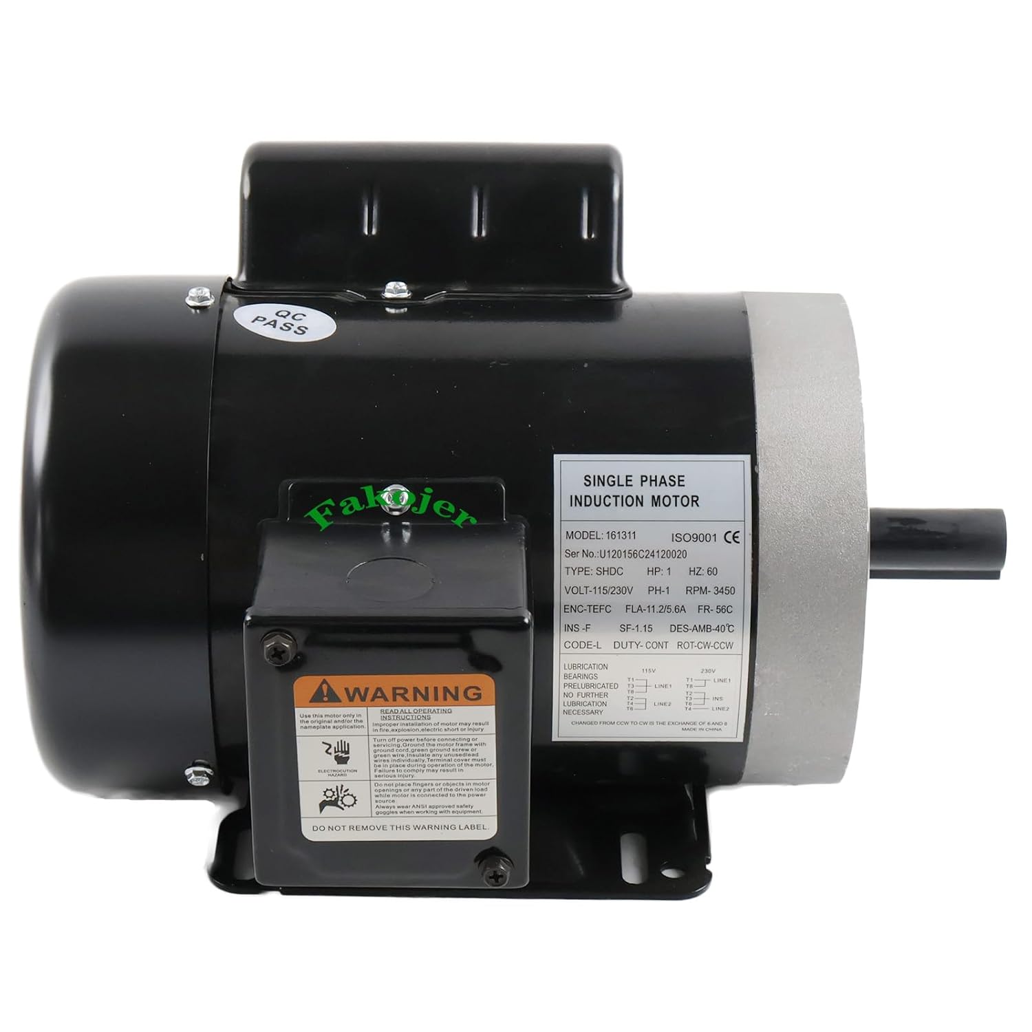 1 HP 56C Frame 3450 RPM 115/230V 11.2/5.6A 60HZ Electric Motor General Purpose Single Phase Motor Compatible with Air Compressor