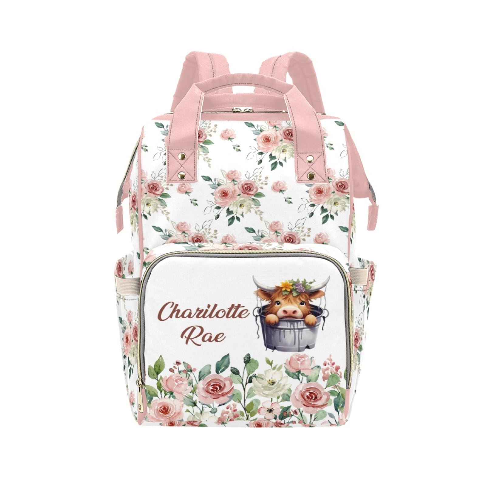 Personalized Baby Diaper Bag Backpack for Women, Custom Name Nursing Mommy Daypack, Diaper Bag for Girls Boys, New Mom Gifts (Highland Cow Floral)