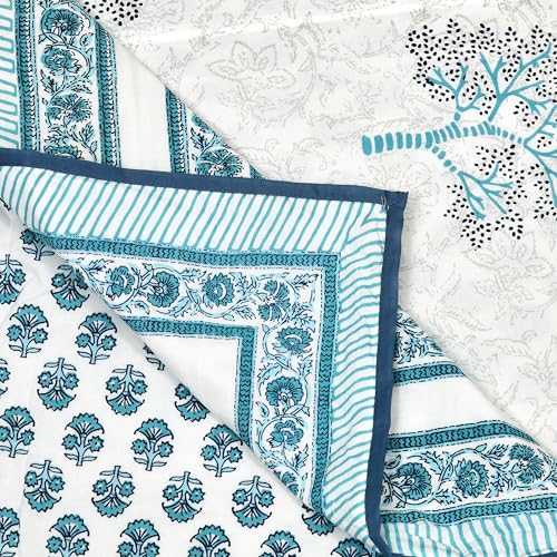 Image of BLOCKS OF INDIA Hand Block Printed Cotton Single Size Reversible Malmal Dohar for Summer (Blue Tree)-300 TC