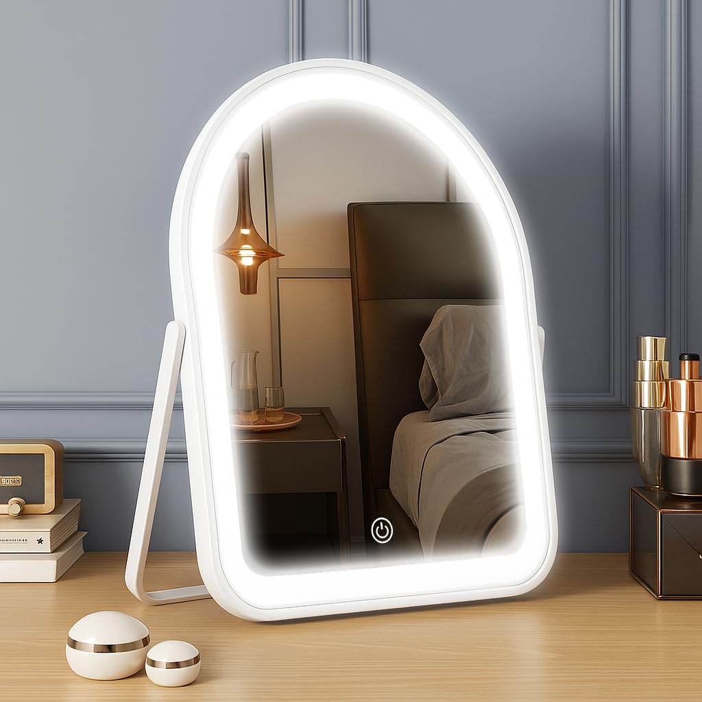 YEKKOPT Pink Rechargeable Vanity Mirror with Lights, LED Makeup Mirror, 10"×8" Lighted Makeup Mirror with Lights, Smart Touch Control Dimmable 3 Modes Light, Lighted Up Mirror for Makeup Desk, Bedroom