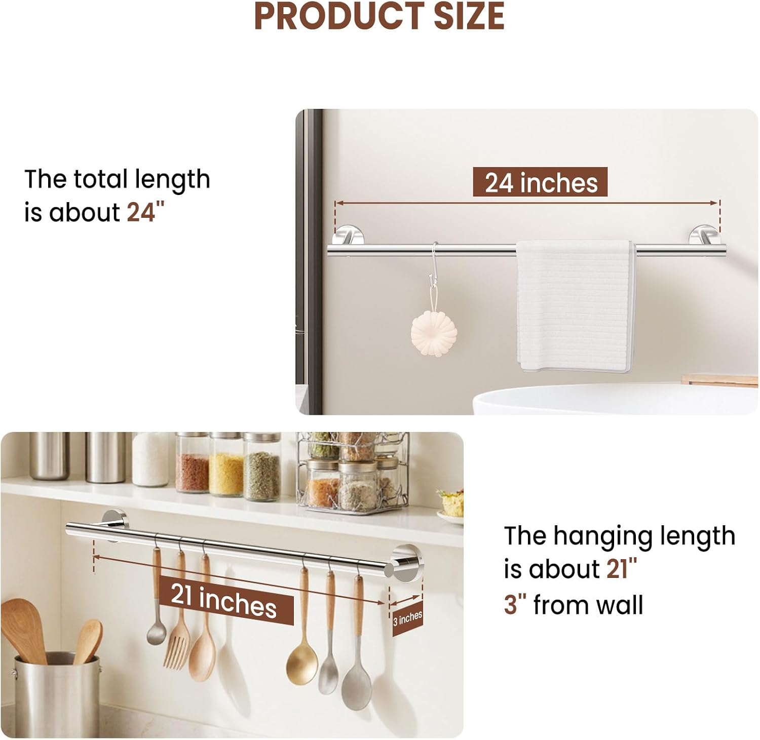 2 Pieces Polished Chrome Towel Racks for Bathroom, with 10 PCS Hooks, 24'' SUS304 Stainless Steel Towel Bar for Bathroom Wall Mounted, Double Towel Racks for Bath,Kitchen, Laundry Room