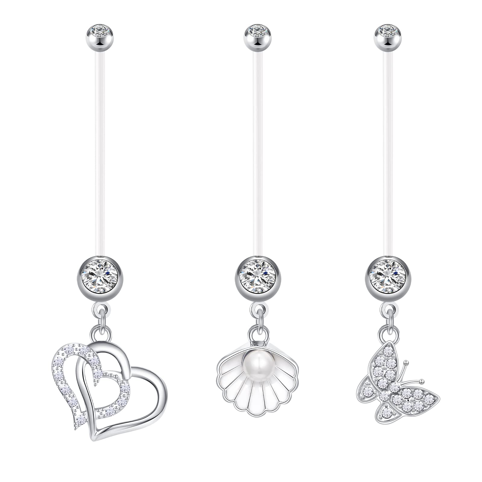 LAURITAMI 3pcs Piercing Ombligo Embarazada Vientre Barra Embarazo 14G 35mm Silicona Flexible Mariposa Colgante Vientre Piercing