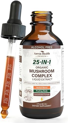 25-in-1 Mushroom Complex Supplement Liquid Drops with Ashwagandha, Lion's Mane, Reishi, Chaga, Cordyceps, Turkey Tail Tincture for Immunity, Energy & Cognition - Non-GMO | 2fl oz