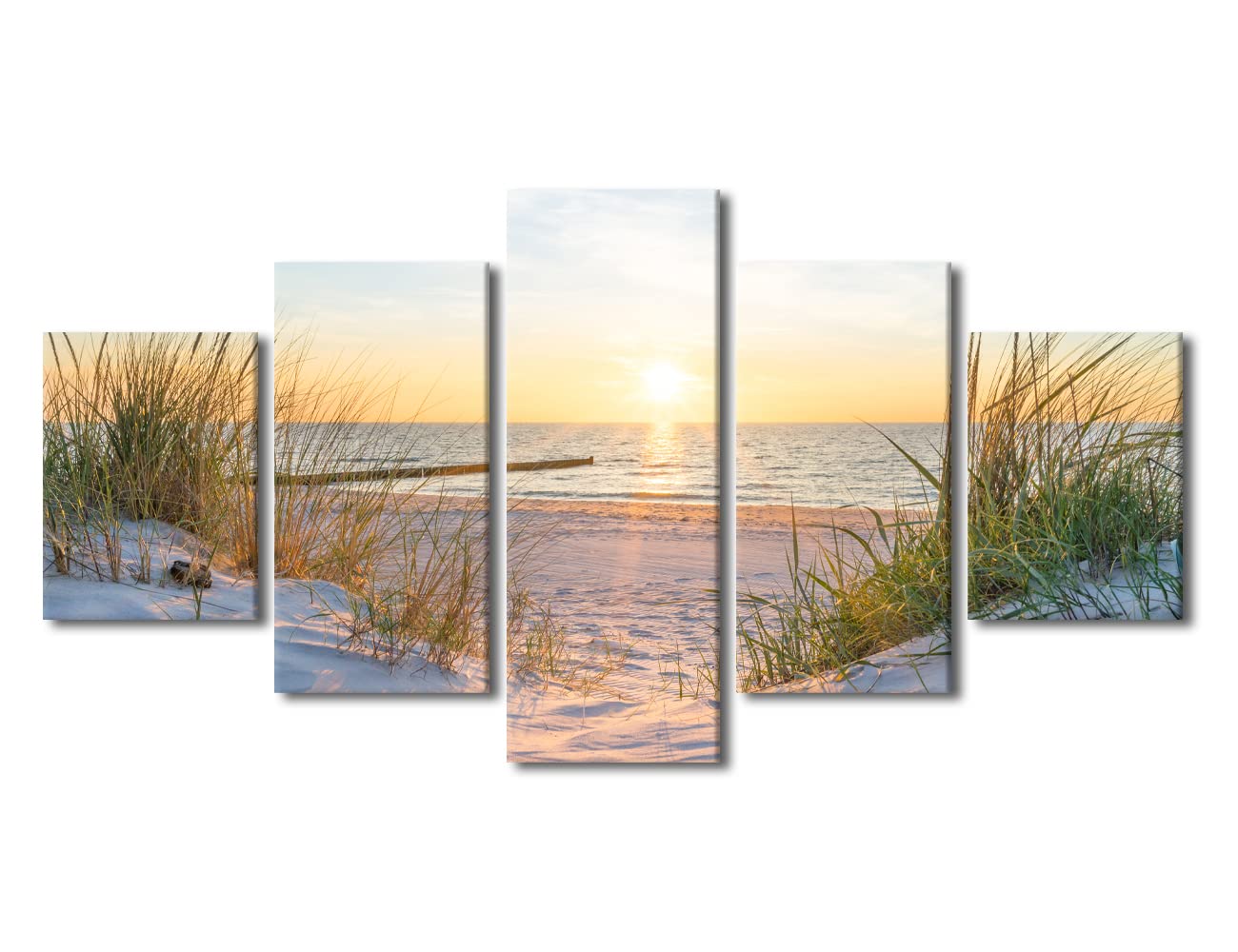 TISHIRON 5 Piece Sandy Beach Seascape Canvas Wall Art Sunset at the Baltic Sea Artwork with Weeds Ocean Nature Landscape for Bedroom Wall Decor for Living Room Hang Pictures Wall Artwork(60" Wx32 H) โ image 1