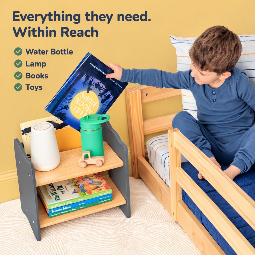 Ocodile Kids Nightstand for Floor Beds, Solid Wood Small Bedside Table with Book Pocket, Low Tiny Nightstand for Nursery, Toddler & Kids Room, Montessori Style Side Table - Gray