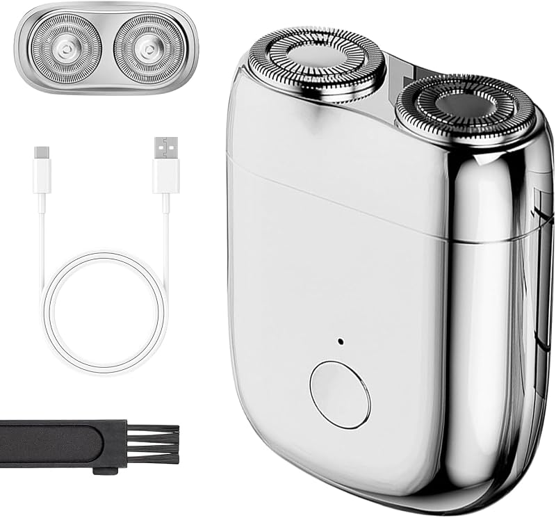Barbeador elétrico mini psycat com duas cabeças, lavável, prata